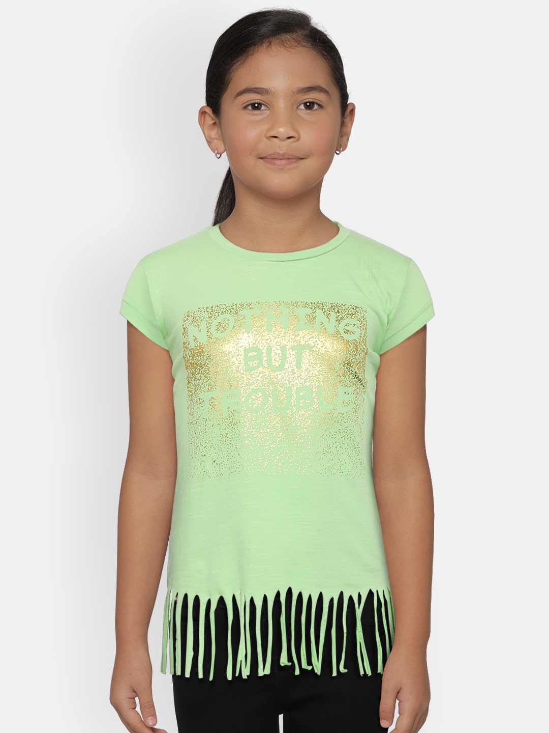 

Gini and Jony Girls Green & Golden Printed Fringed Pure Cotton Top