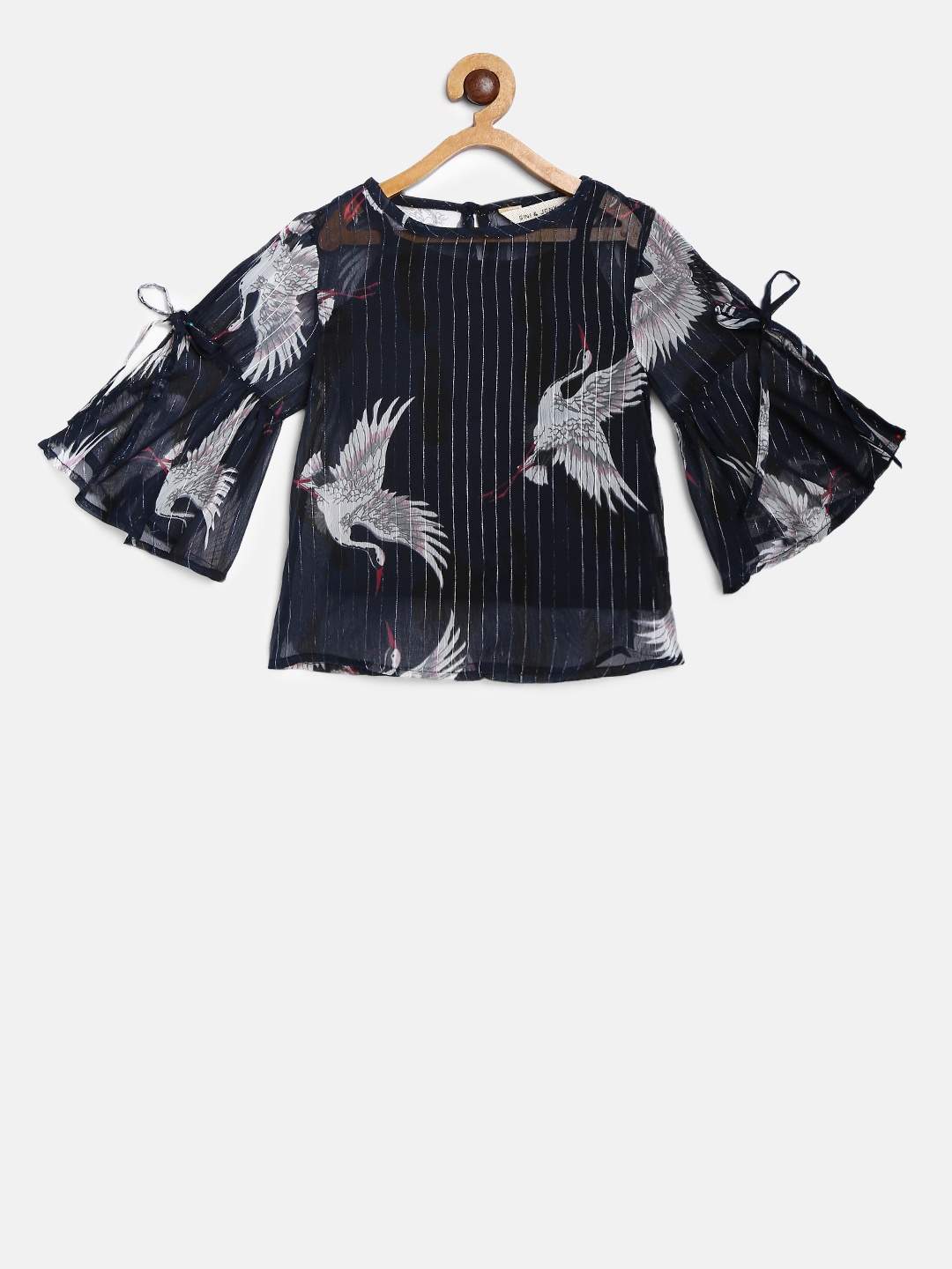 

Gini and Jony Girls Navy Blue Bird Print Semi-Sheer Top