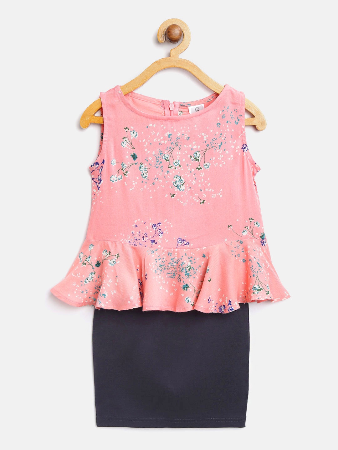 

AWW HUNNIE Girls Pink & Navy Blue Printed Top with Solid Skirt