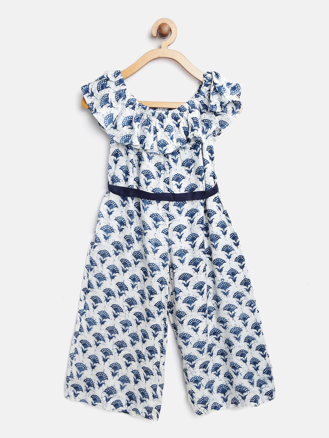 

AWW HUNNIE Girls Off-White & Blue Printed Off-Shoulder Culotte Jumpsuit