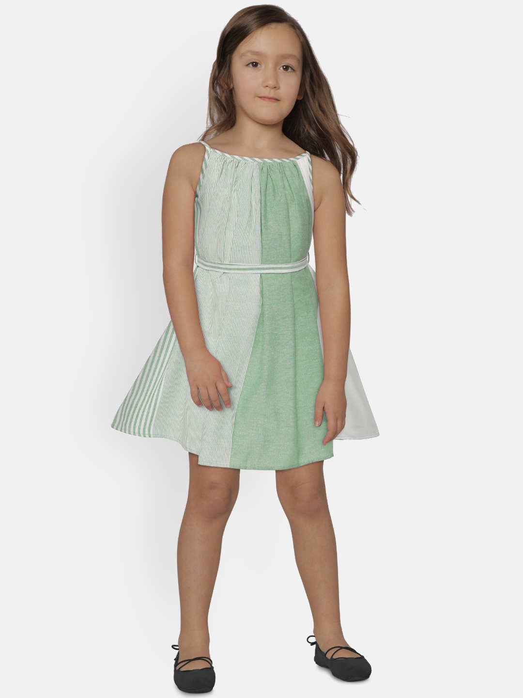 

AWW HUNNIE Girls Green & Off-White Striped A-Line Dress