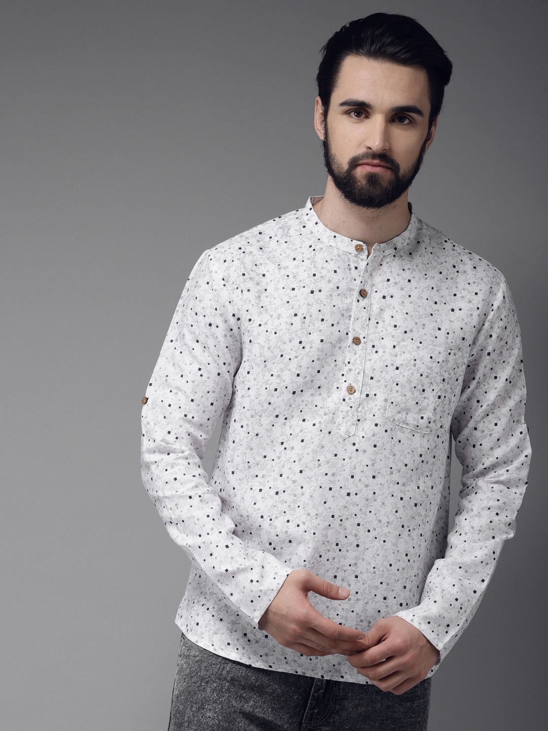 

Anouk Men White & Grey Printed Straight Kurta