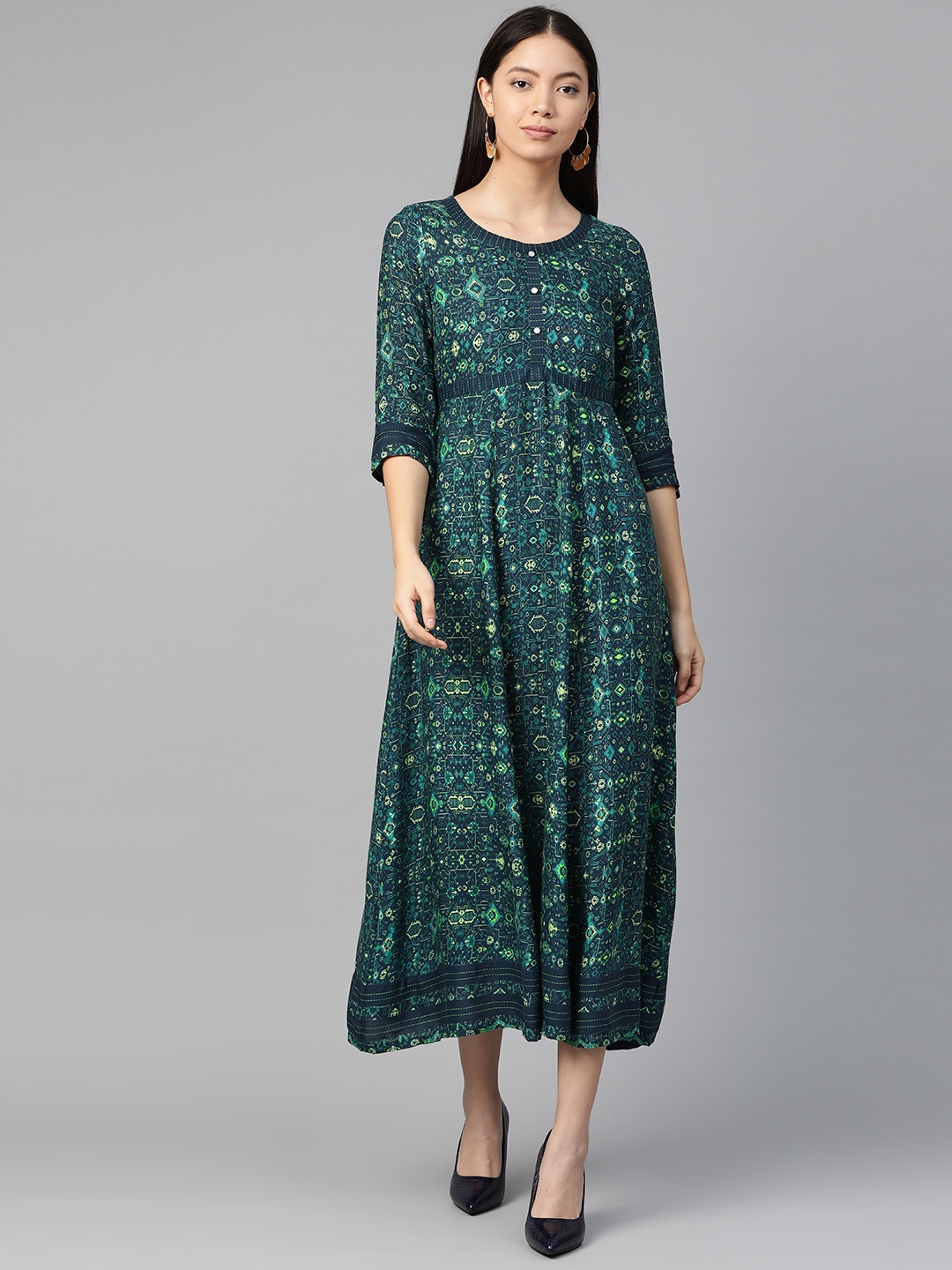 

AURELIA Women Navy Blue & Green Printed Maxi Dress
