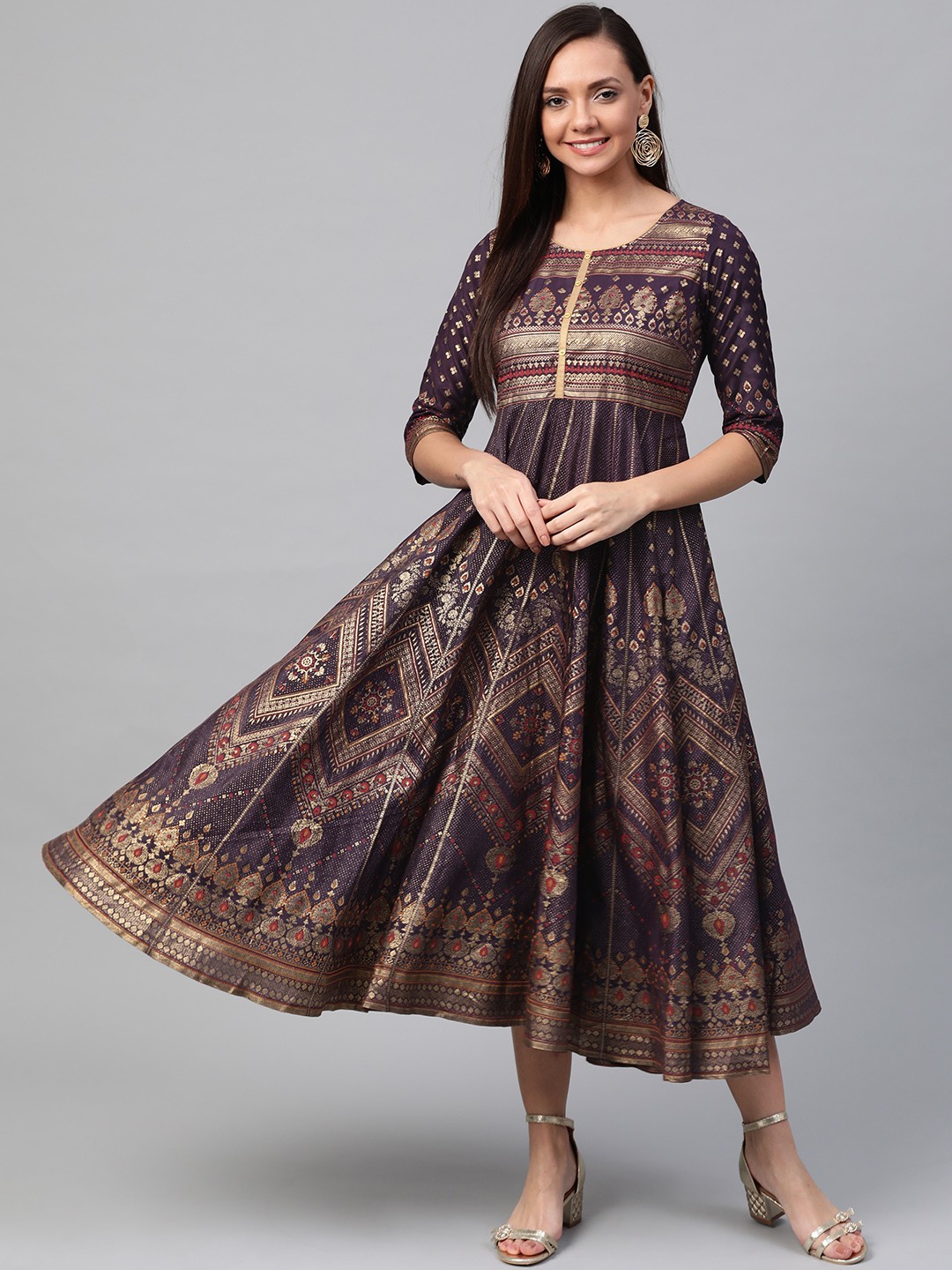 

AURELIA Women Wine-Coloured & Golden Printed Maxi Dress, Purple