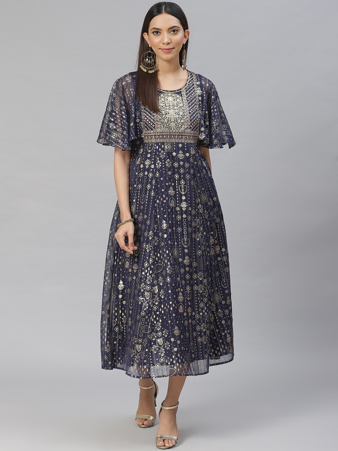 

AURELIA Women Navy Blue & Golden Printed A-Line Dress