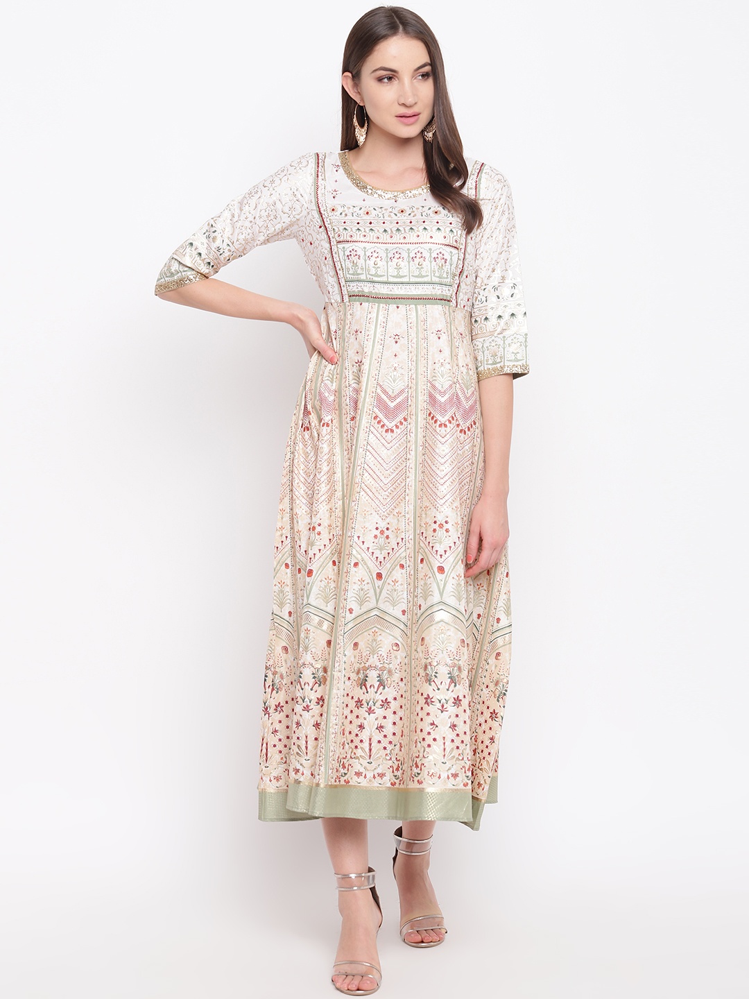 

AURELIA Women Beige & Green Printed A-Line Dress