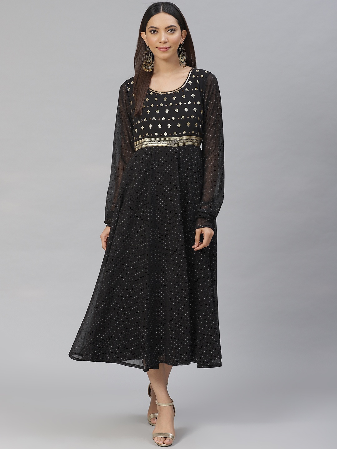 

AURELIA Women Black & Golden Printed A-Line Dress