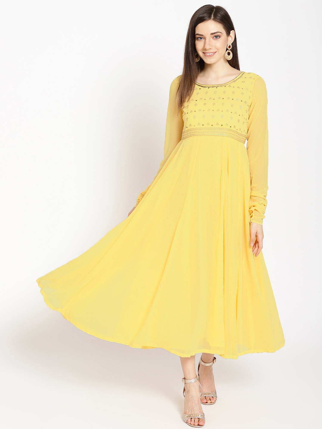 

AURELIA Women Yellow & Golden Embellished Maxi Dress
