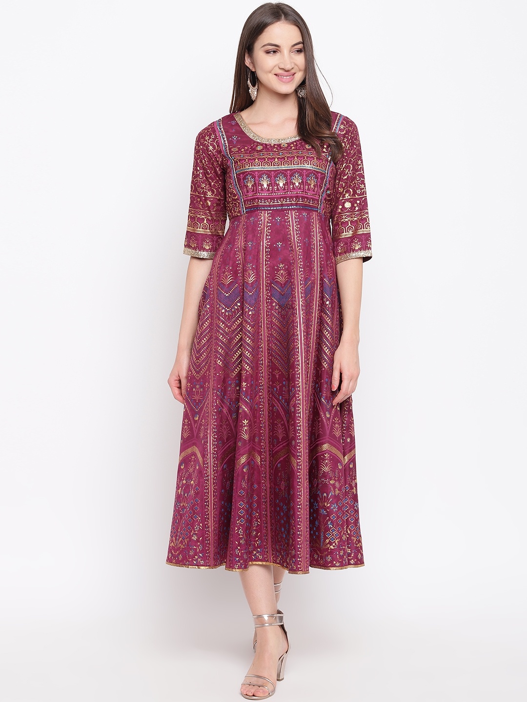 

AURELIA Women Magenta & Golden Printed A-Line Dress