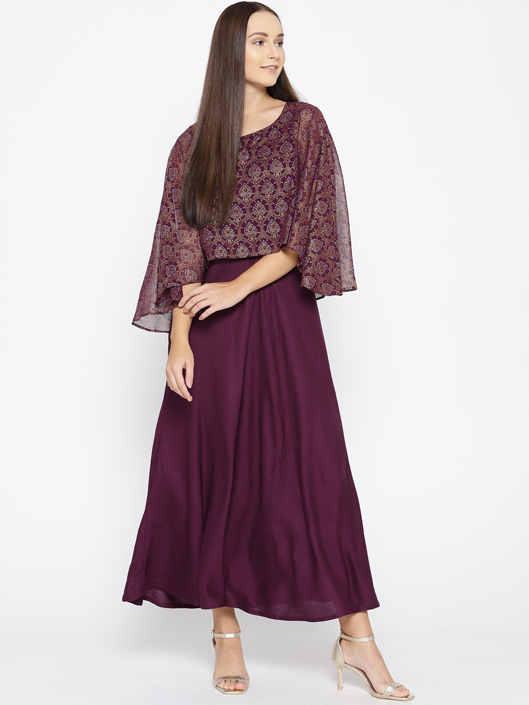 

AURELIA Women Purple & Golden Printed Detail Layered Maxi Dress