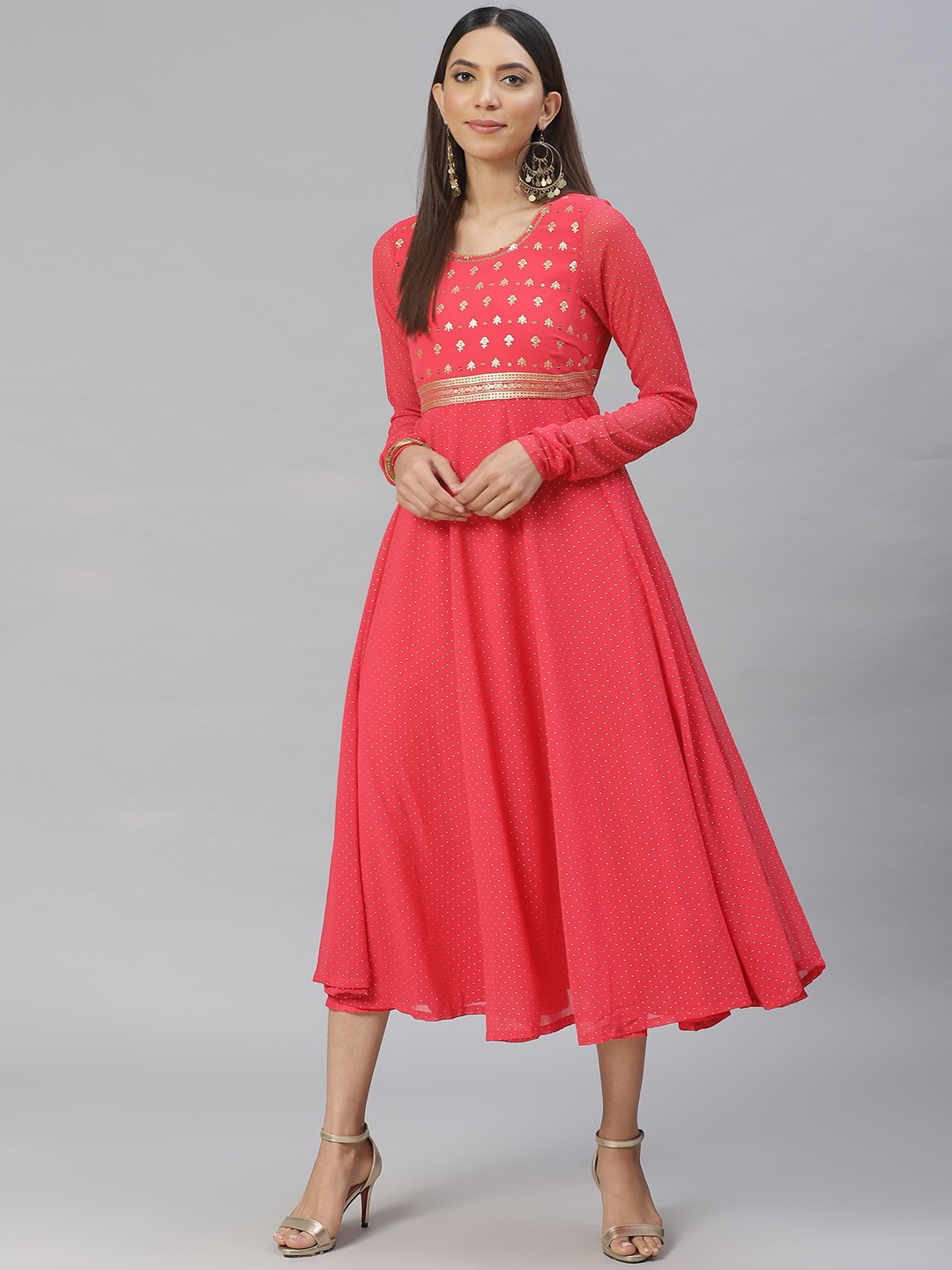 

AURELIA Women Pink & Golden Printed A-Line Dress