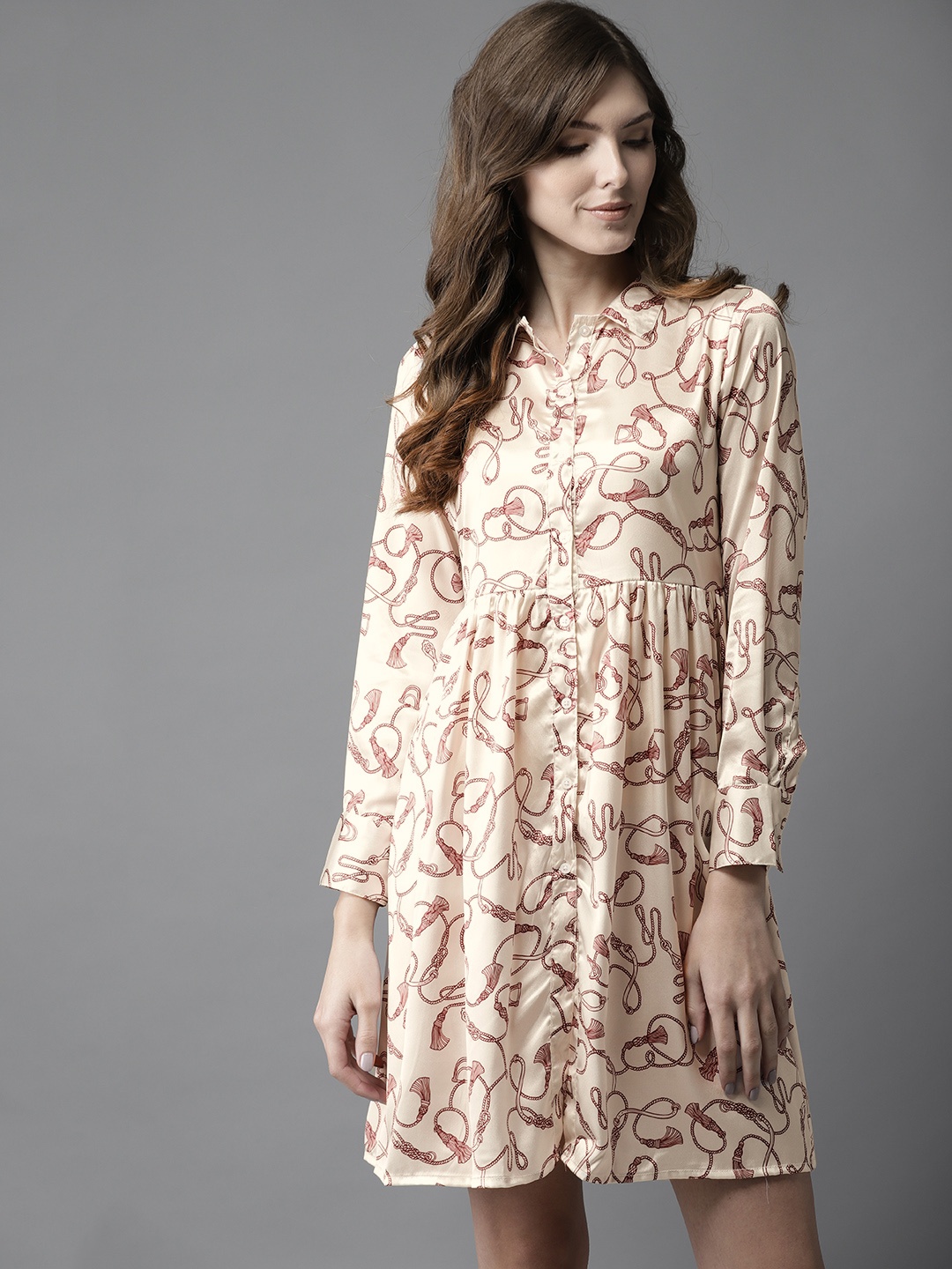 

Moda Rapido Women Off-White & Maroon Printed Satin Finish Shirt Dress