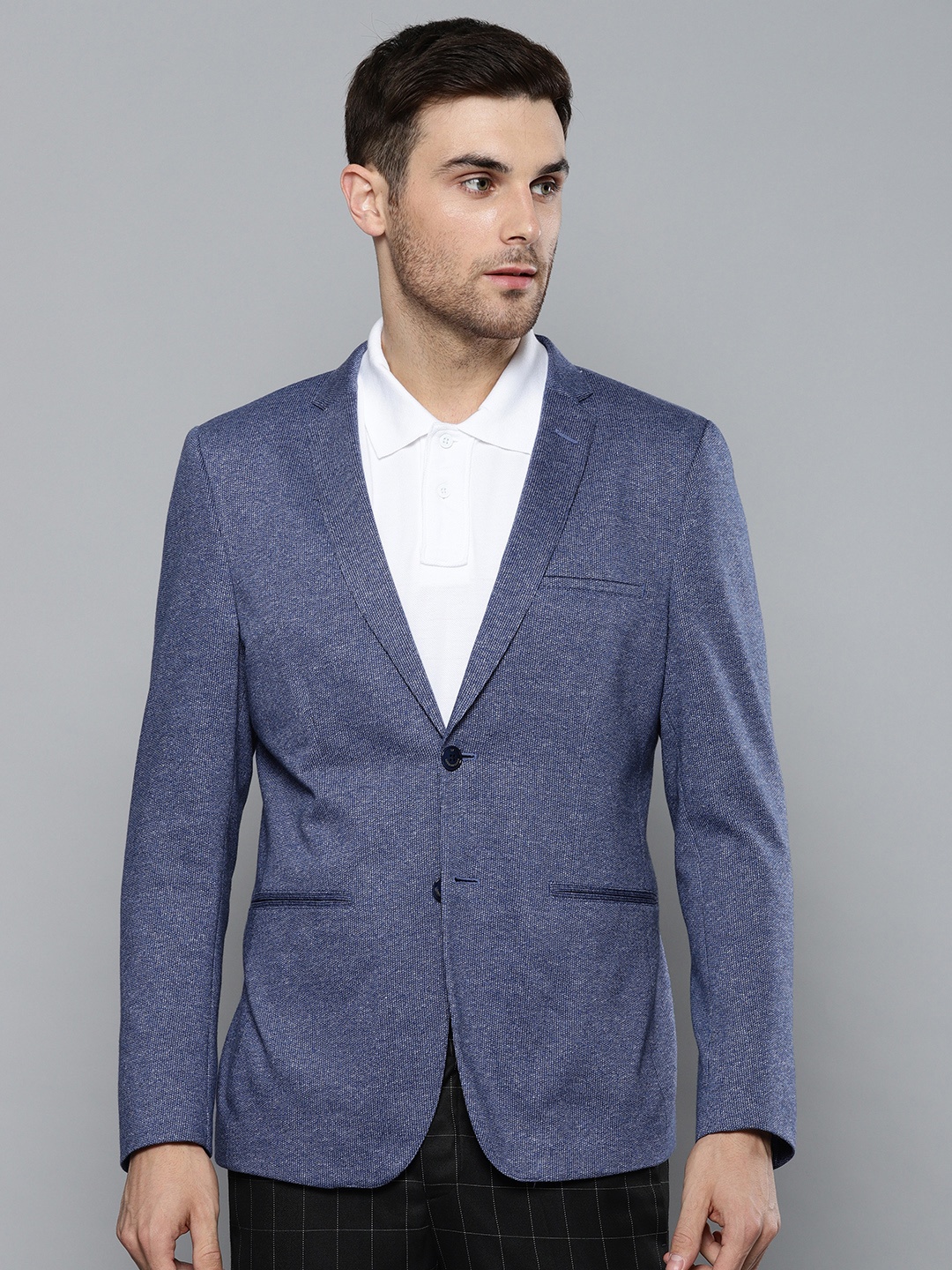 

Louis Philippe Sport Men Blue Self-Design Super Slim Fit Single-Breasted Pure Cotton Blazer