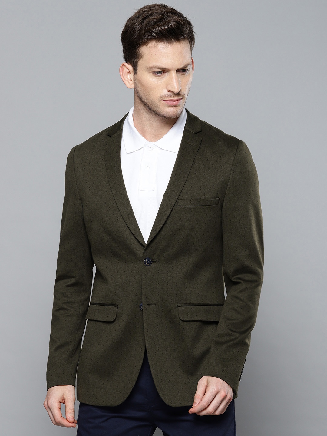 

Louis Philippe Sport Men Olive Green Self-Design Super Slim Fit Single-Breasted Pure Cotton Blazer