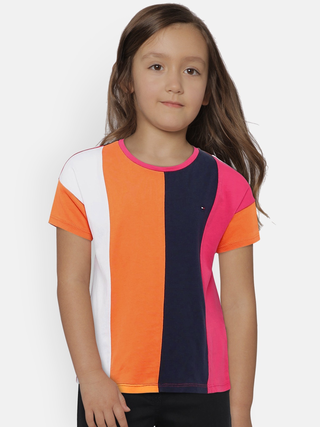 

Tommy Hilfiger Girls Orange & Navy Blue Striped Round Neck T-shirt