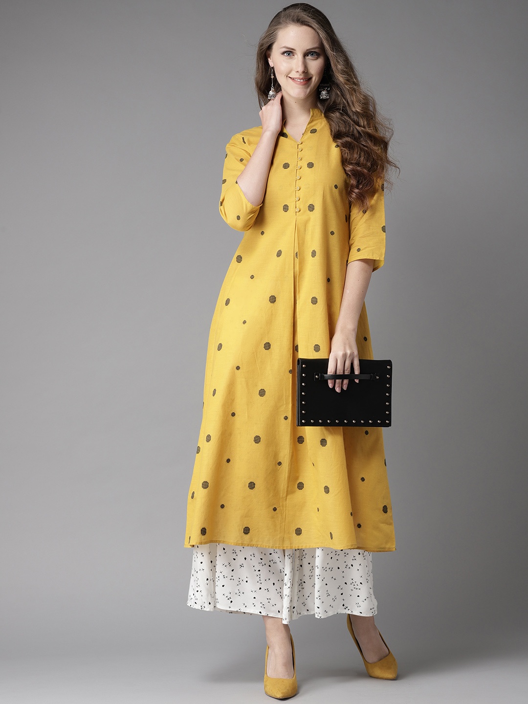 

HERE&NOW Women Mustard Yellow & White Woven Design Kurta with Palazzos