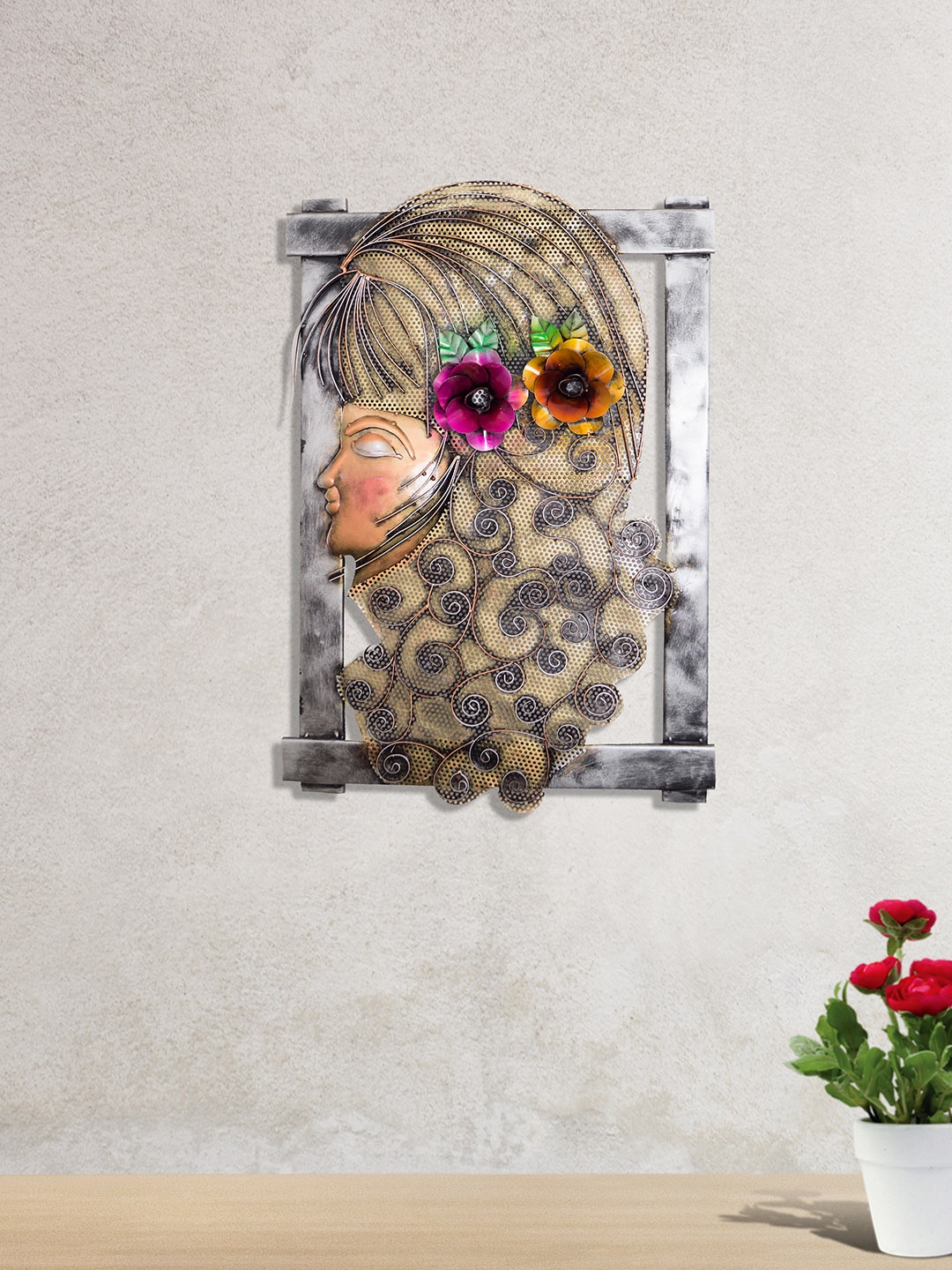 

Golden Peacock Lady Face Shaped Iron Wall Art, Rust