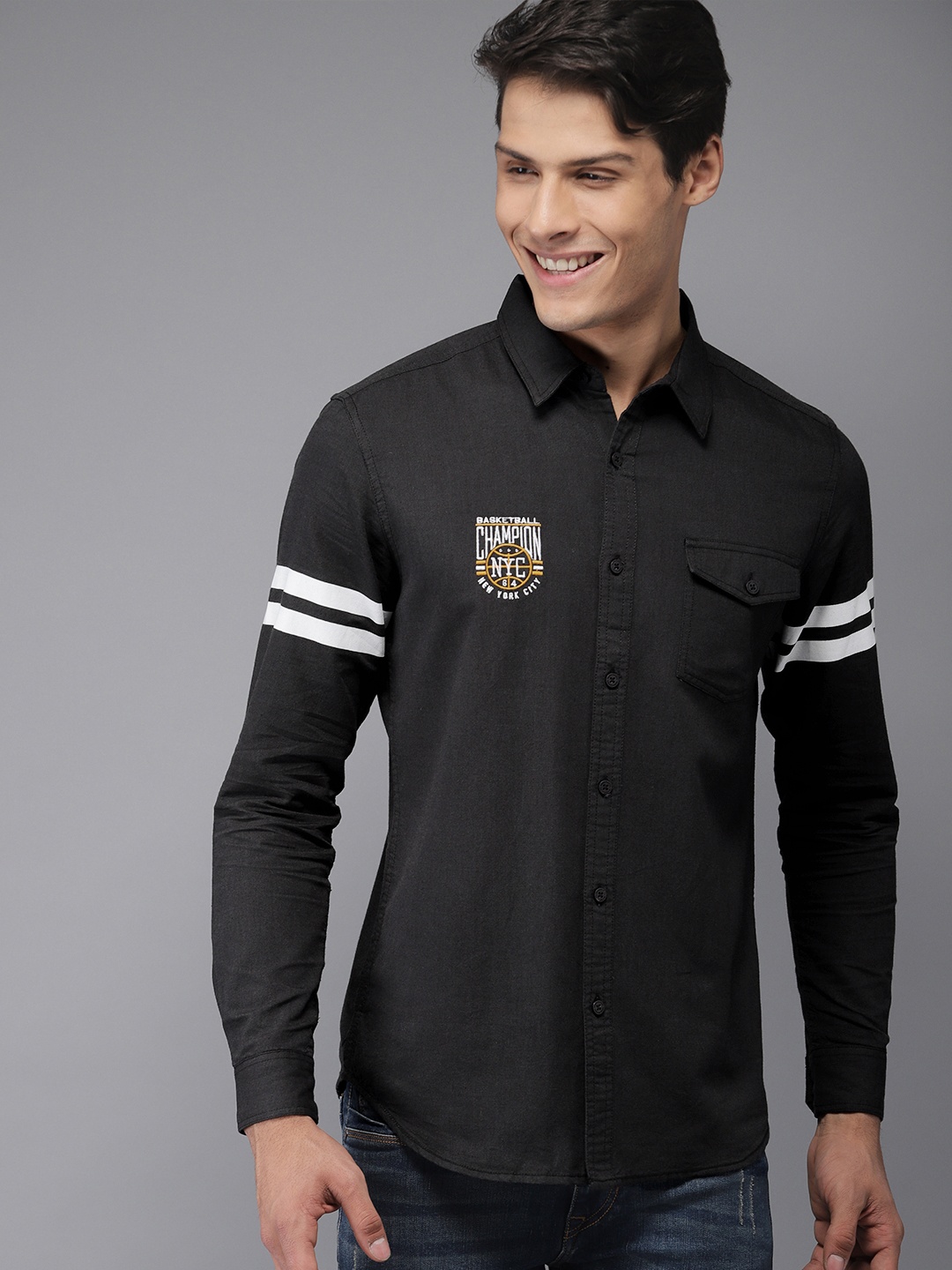 

Moda Rapido Men Black Slim Fit Solid Embroidered Casual Shirt