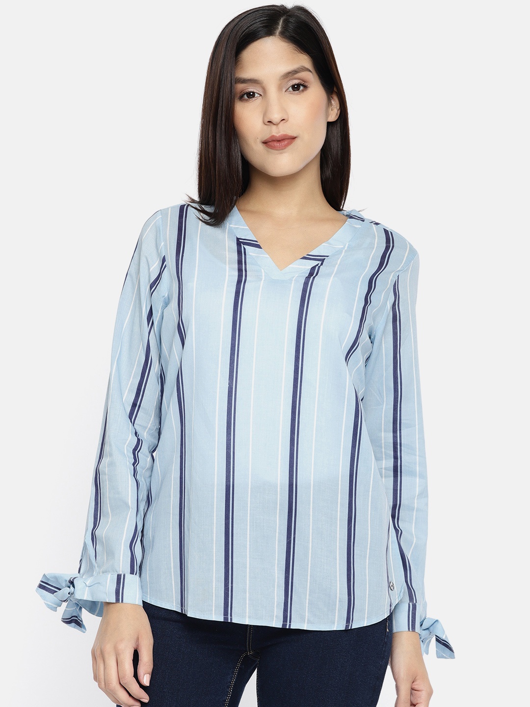 

U.S. Polo Assn. Women Women Blue Striped Semi-Sheer Top