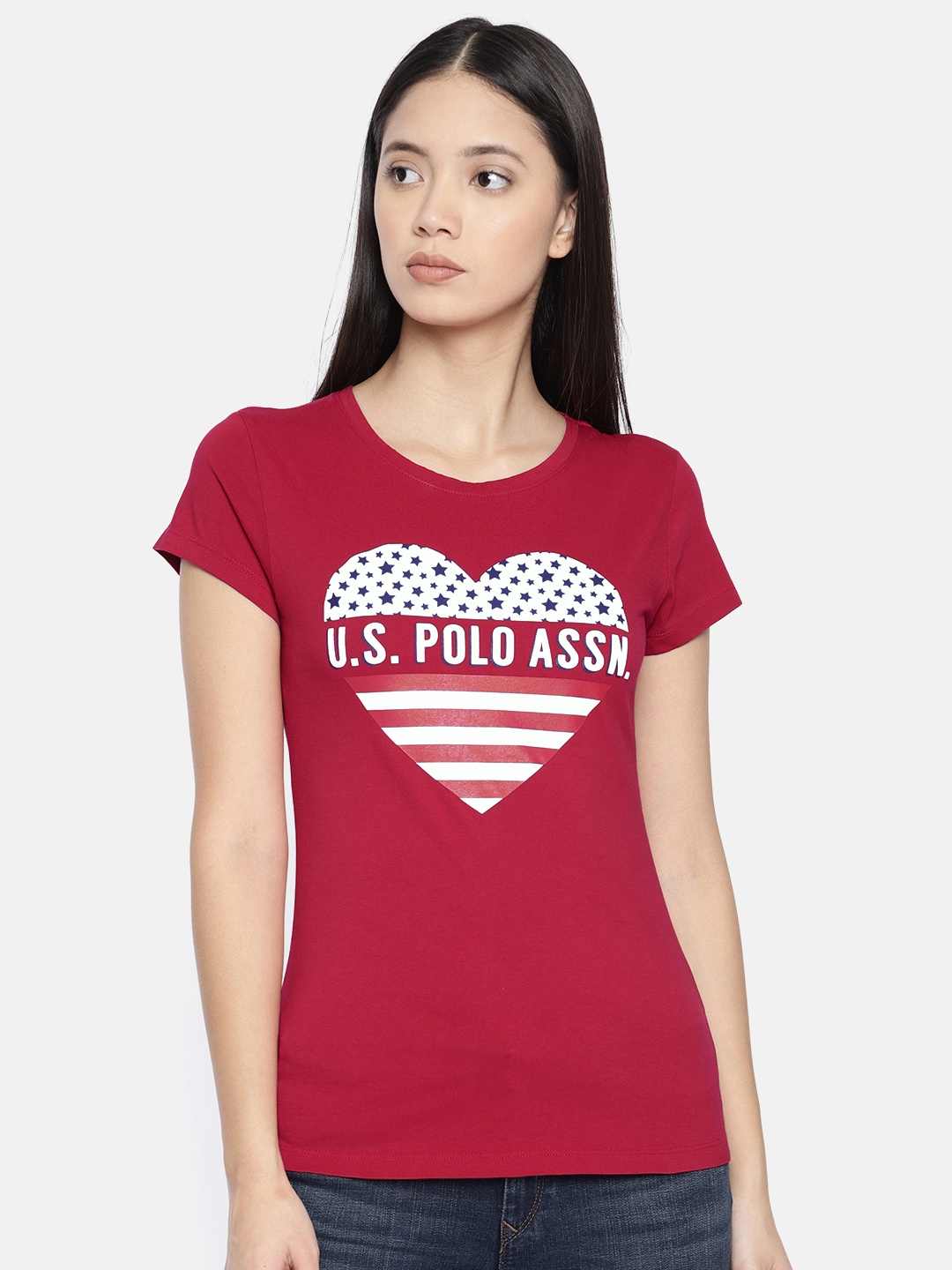 

U.S. Polo Assn. Women Women Red Printed Round Neck Pure Cotton T-shirt