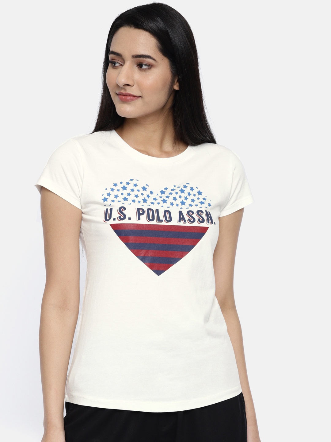 

U.S. Polo Assn. Women Women Off-White Printed Round Neck Pure Cotton T-shirt