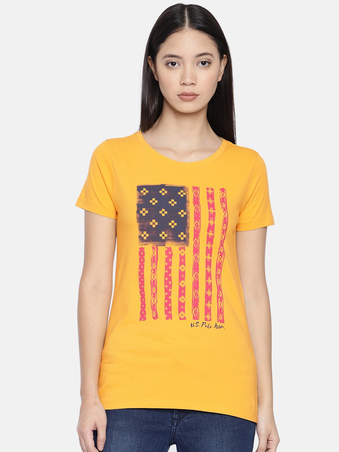 

U.S. Polo Assn. Women Women Mustard Yellow Printed Round Neck Pure Cotton T-shirt