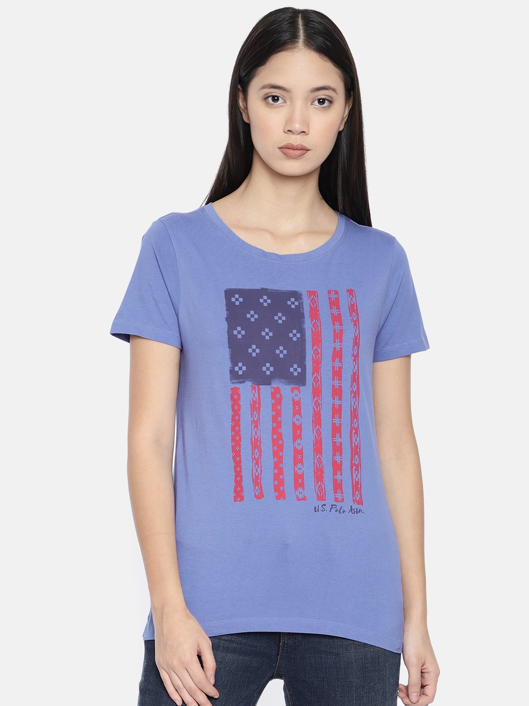 

U.S. Polo Assn. Women Women Blue Printed Round Neck Pure Cotton T-shirt