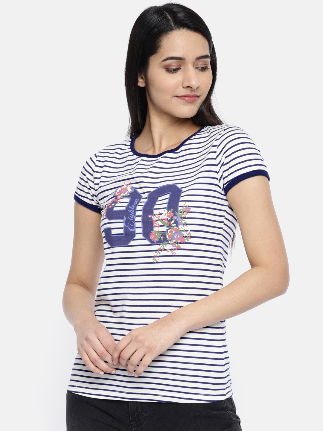 

U.S. Polo Assn. Women Women White Navy Blue Striped Round Neck Pure Cotton T-shirt