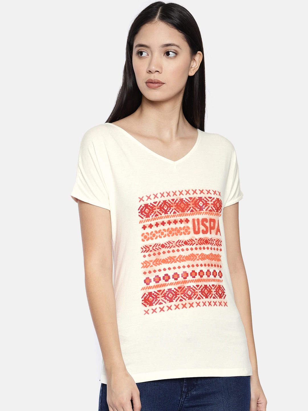 

U.S. Polo Assn. Women Women Cream-Coloured Printed V-Neck T-shirt