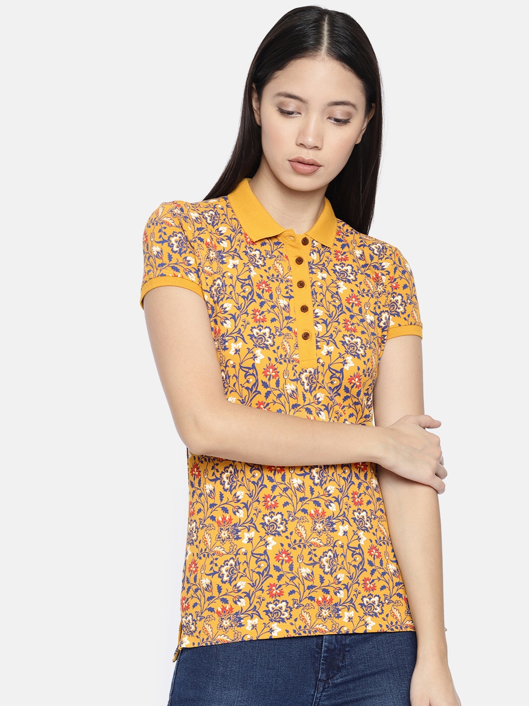 

U.S. Polo Assn. Women Women Mustard Yellow Navy Blue Printed Polo Pure Cotton T-shirt