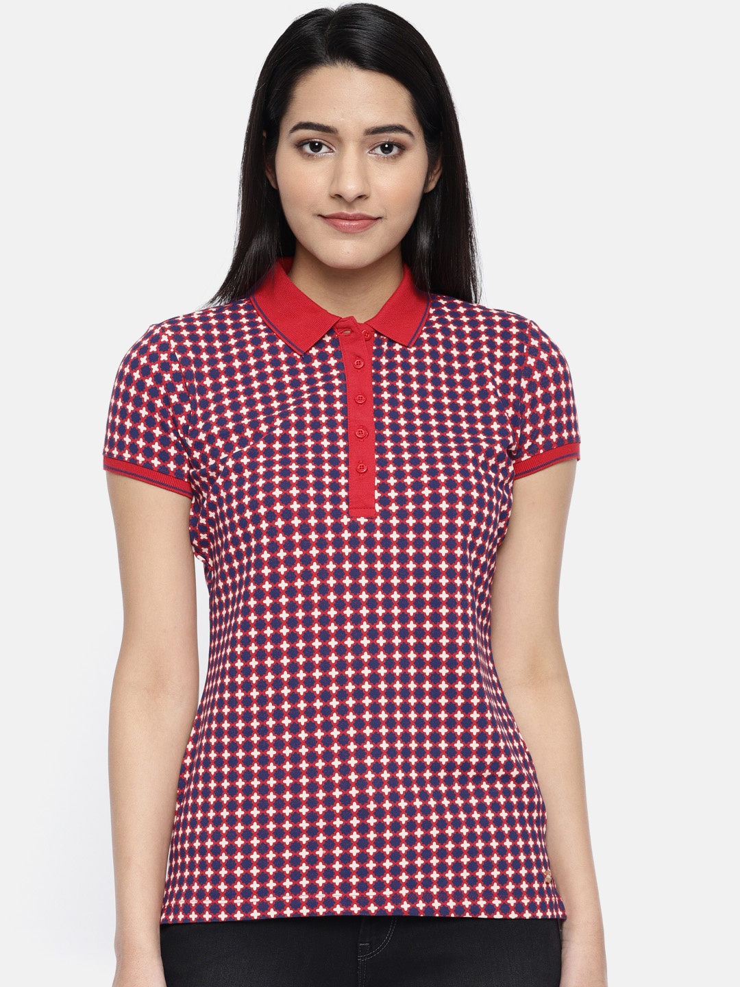 

U.S. Polo Assn. Women Women Navy Blue & Red Printed Polo Collar T-shirt
