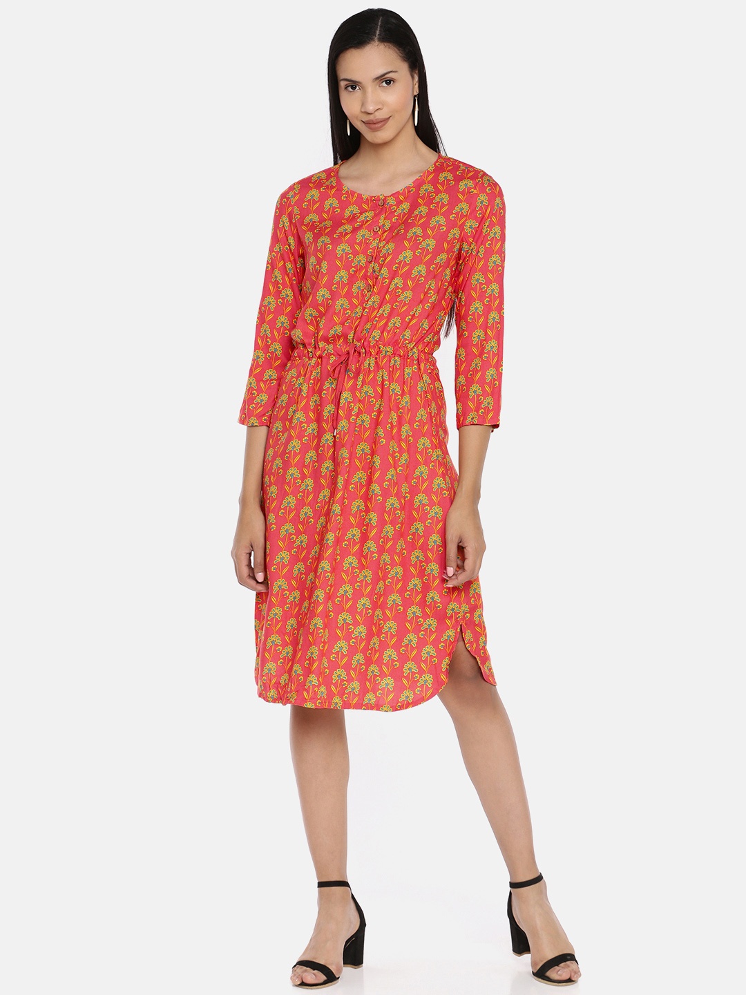 

Global Desi Women Coral Orange & Yellow Floral Print A-Line Dress