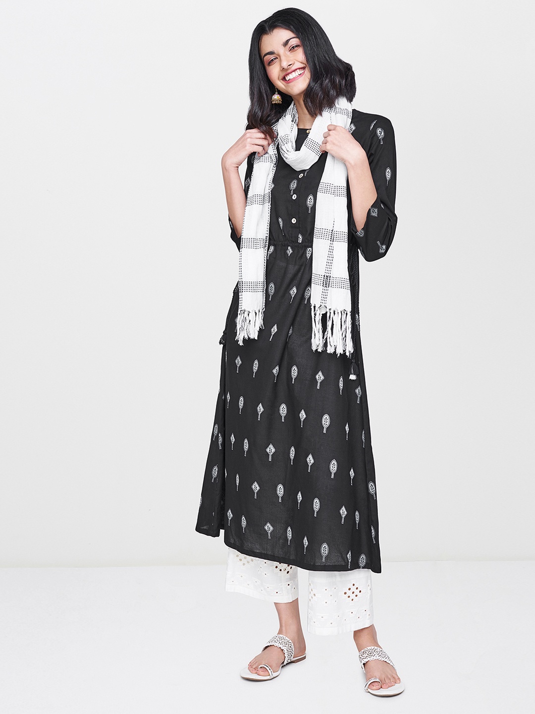 

Global Desi Women Black & White Woven Design A-Line Kurta