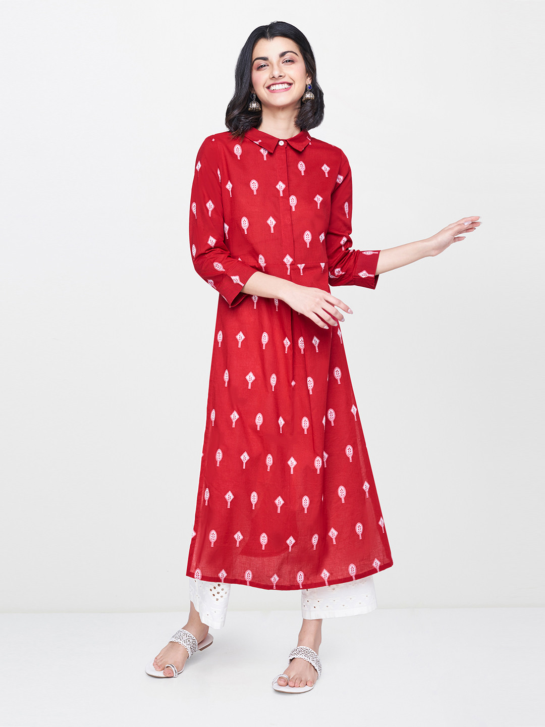 

Global Desi Women Red & White Woven Design A-Line Kurta
