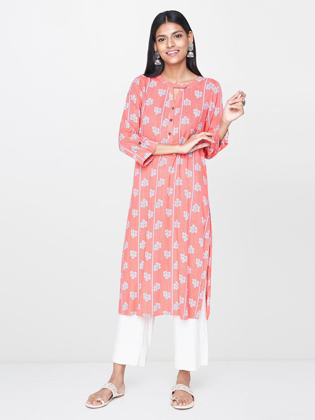 

Global Desi Women Pink & Blue Printed Straight Kurta