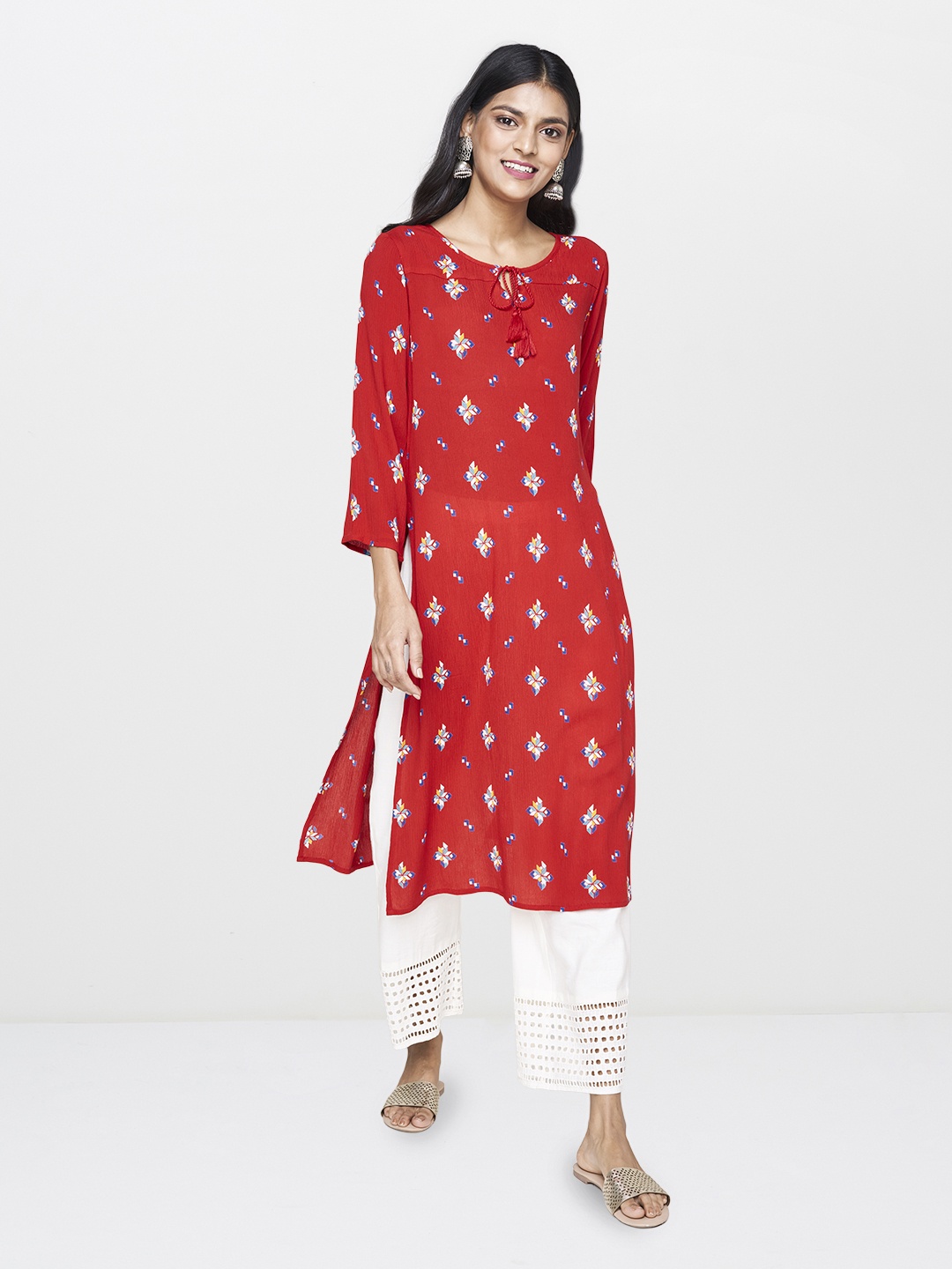 

Global Desi Women Red & Blue Printed Straight Kurta