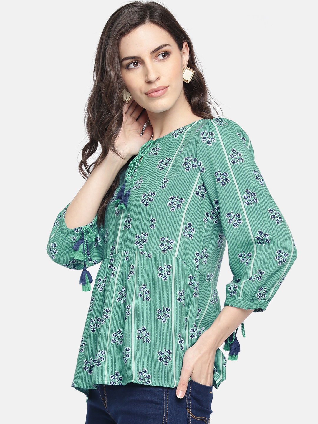 

Global Desi Women Blue & Sea Green Printed Regular Top