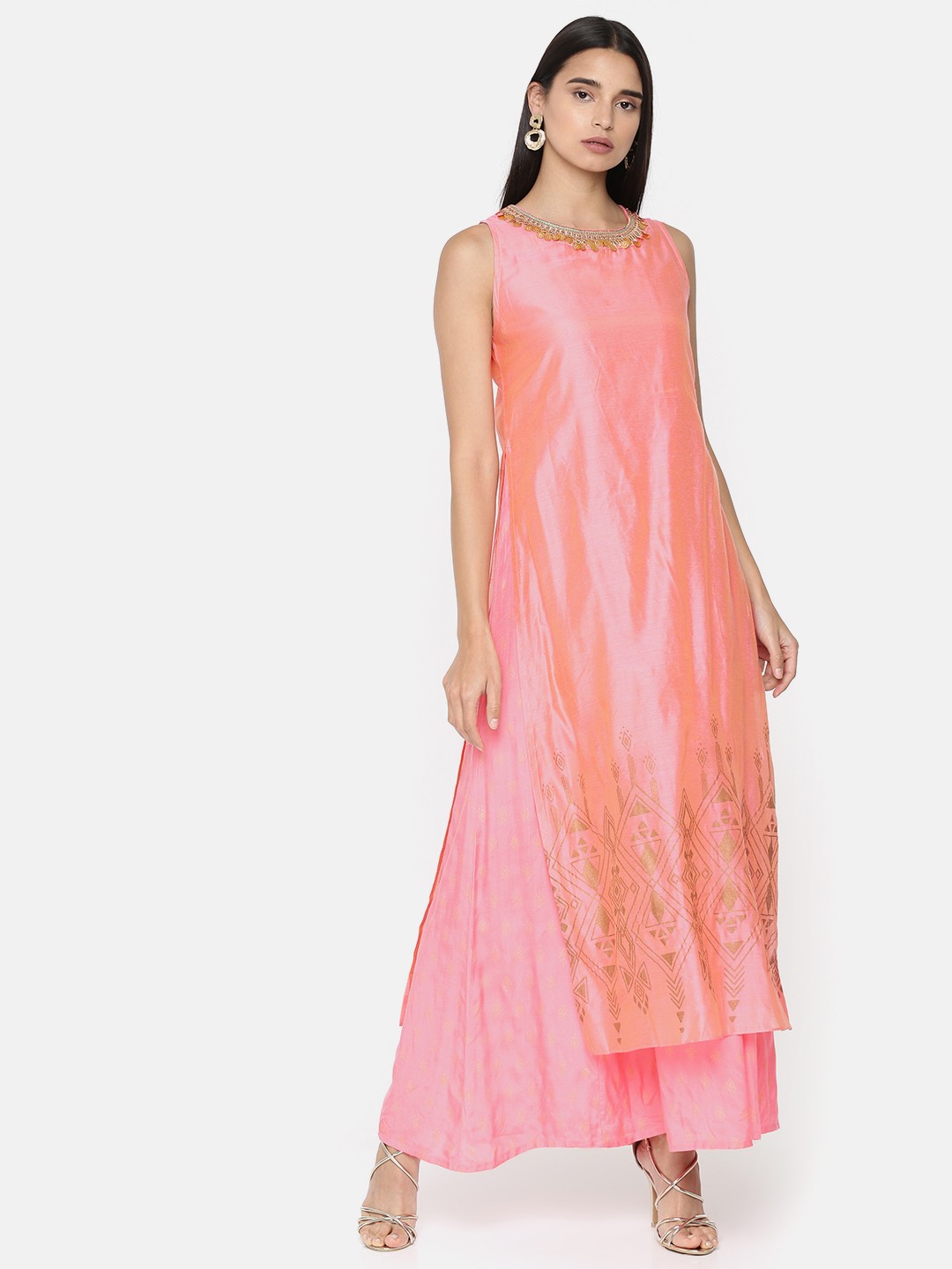 

Global Desi Women Pink & Gold-Toned Round Neck Maxi Dress