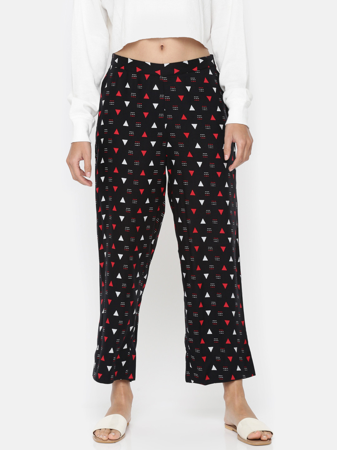 

Global Desi Women Black & Red Regular Fit Printed Parallel Trousers