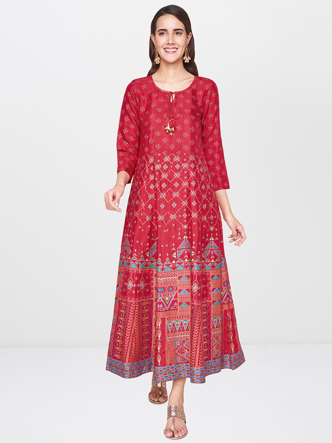 

Global Desi Women Red & Teal Green Printed Anarkali Kurta
