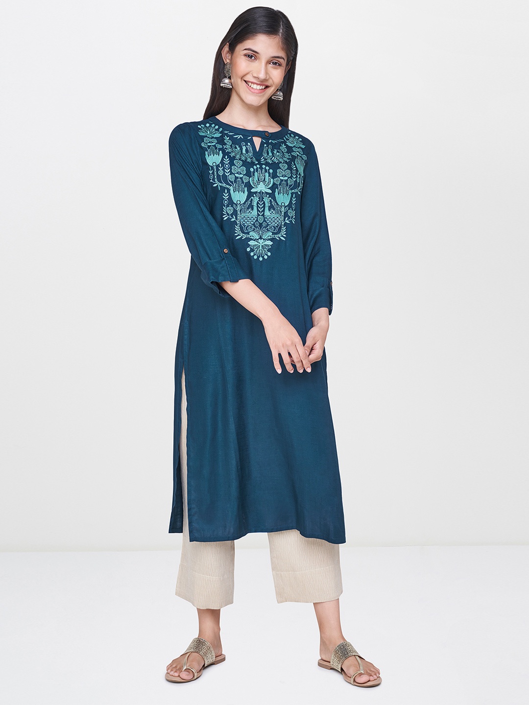 

Global Desi Women Teal Blue Embroidered Straight Kurta