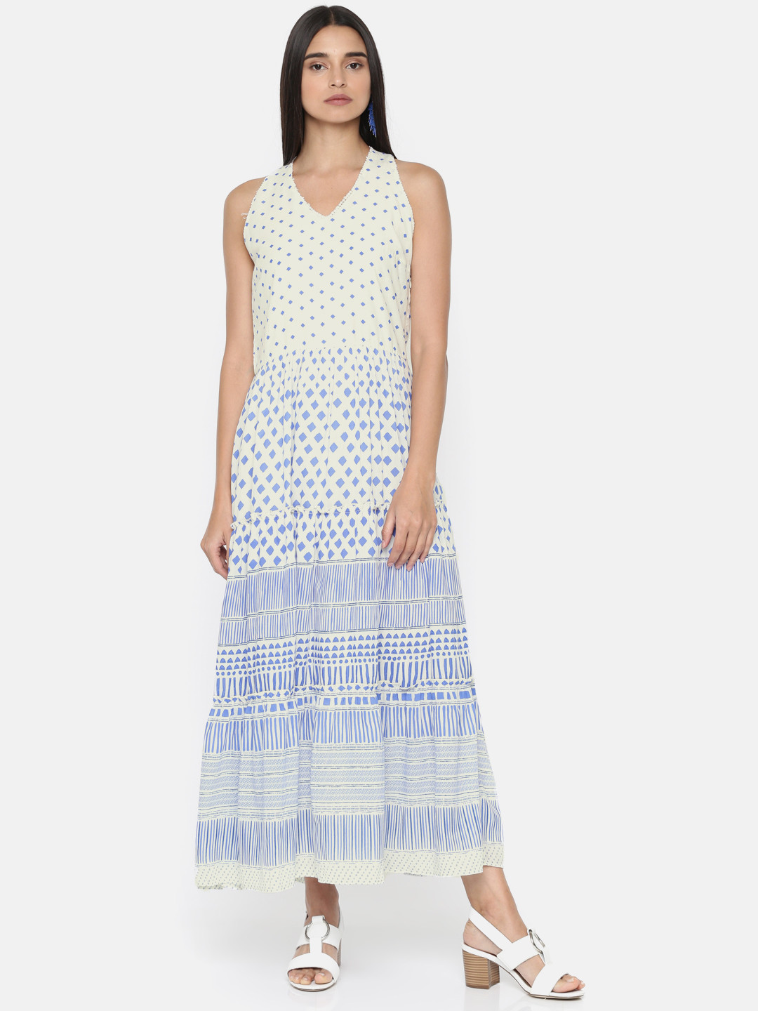 

Global Desi Women Cream-Coloured & Blue Printed V-Neck Fit and Flare Dress