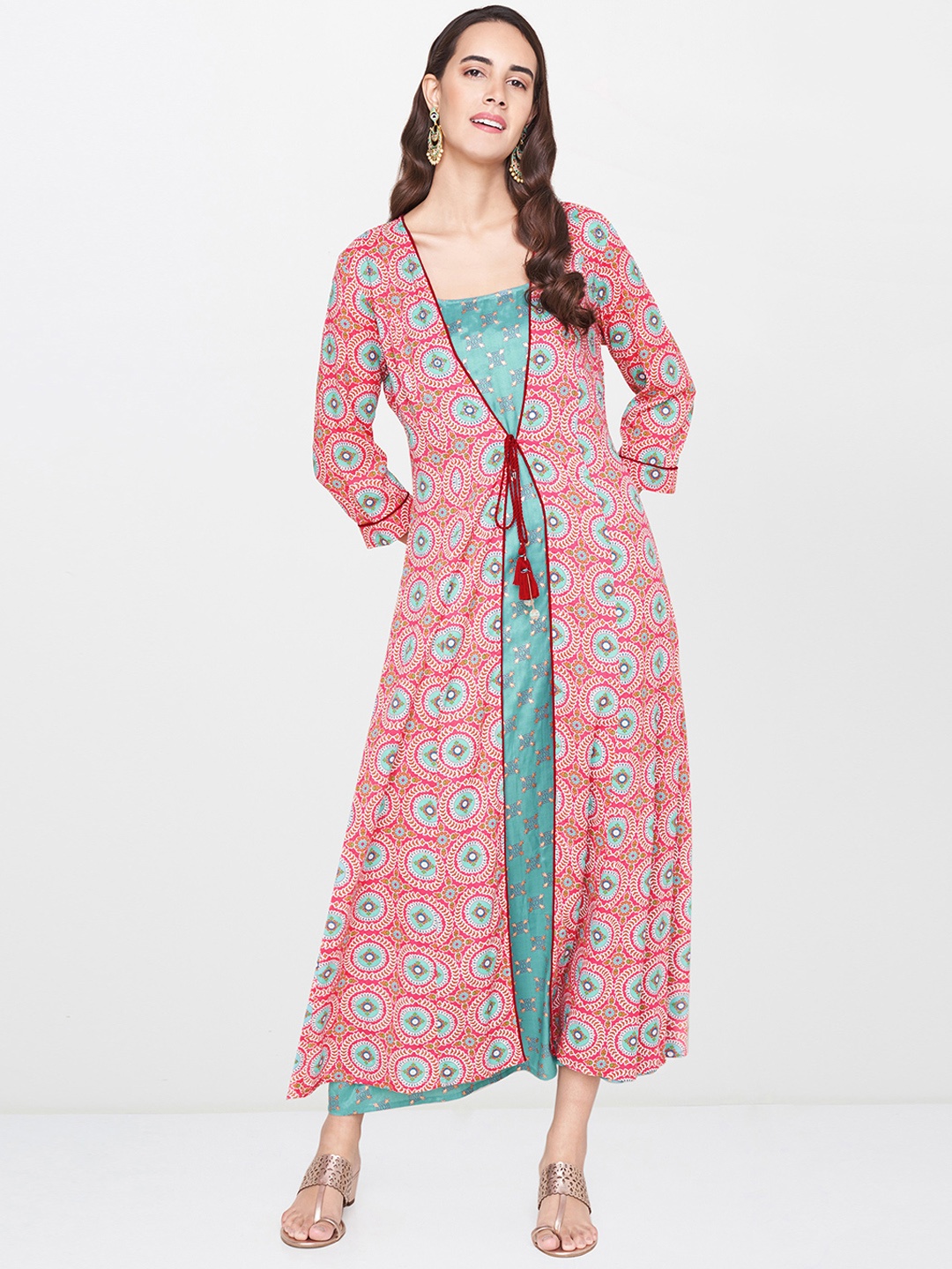 

Global Desi Women Pink & Blue Foil Printed Layered A-Line Kurta