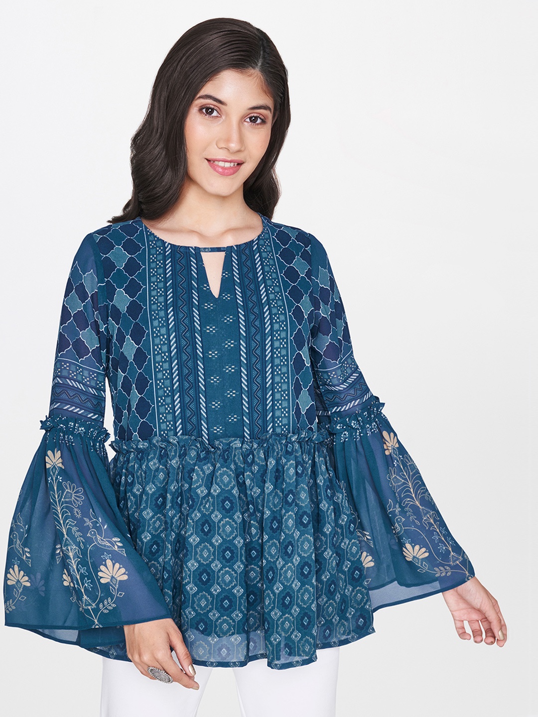 

Global Desi Women Teal Printed A-line Top