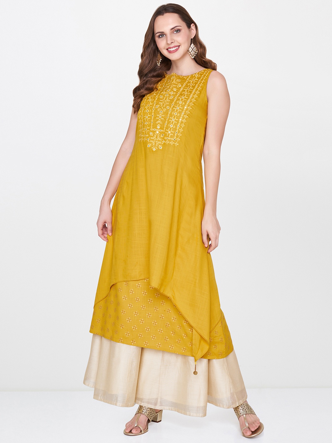

Global Desi Women Mustard Yellow Solid A-Line Kurta