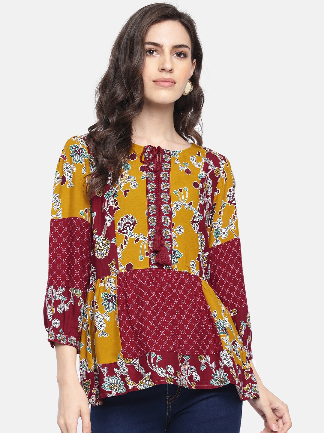 

Global Desi Women Mustard Yellow & Maroon Printed Regular Top