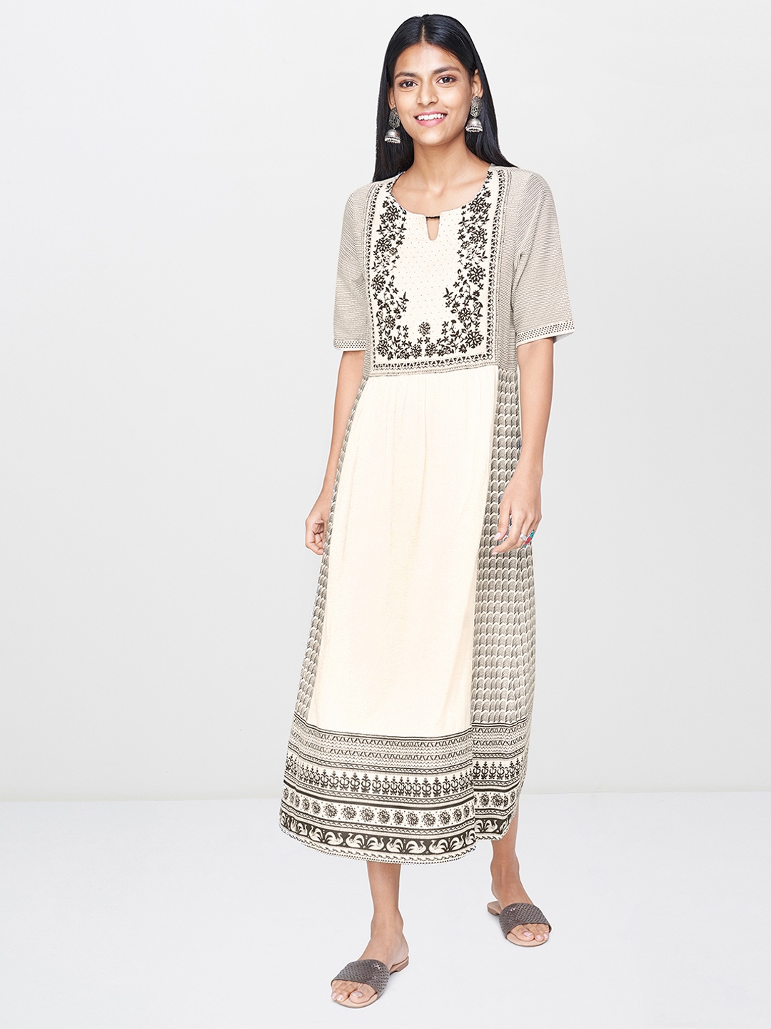

Global Desi Women Off-White & Black A-Line Dress
