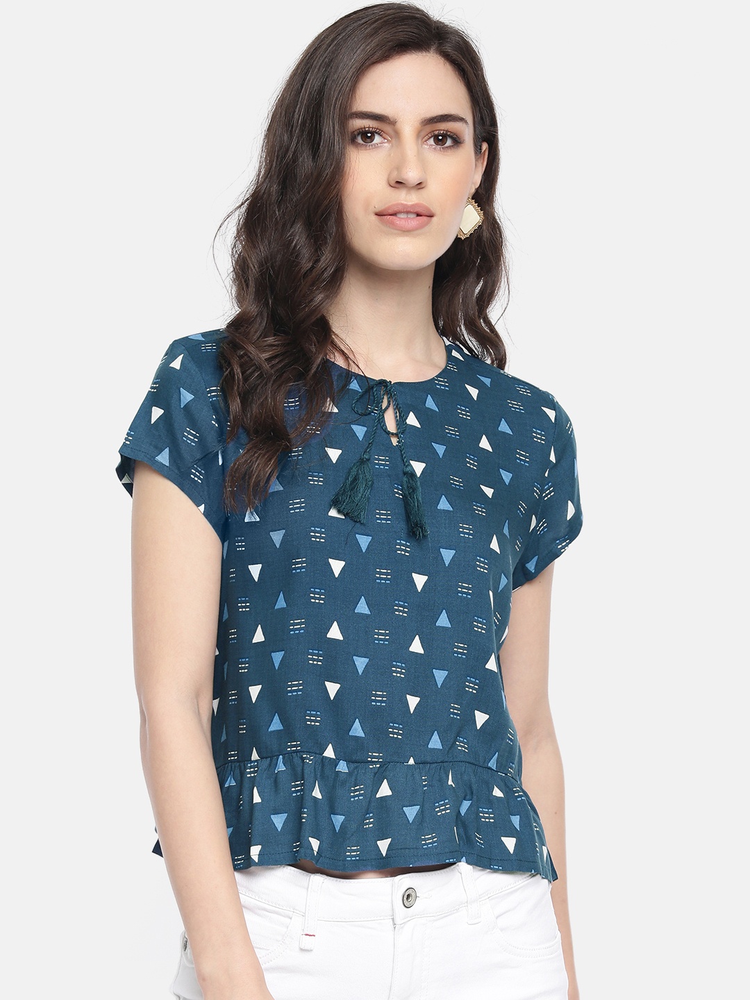 

Global Desi Women Teal Blue & White Printed Regular Top