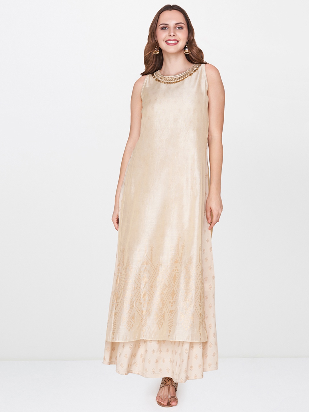 

Global Desi Women Beige Printed A-Line Dress