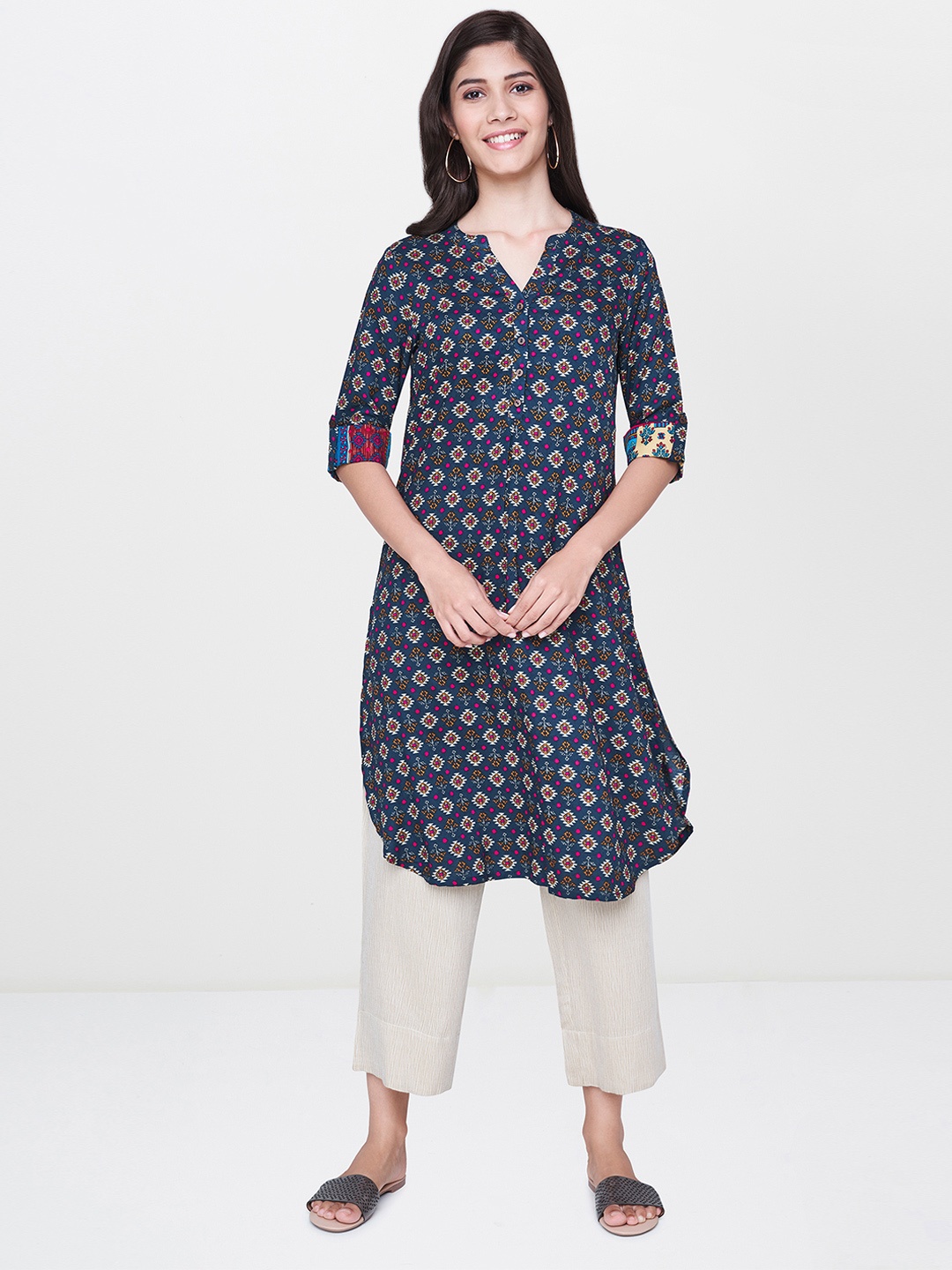 

Global Desi Women Navy Blue Printed Tunic